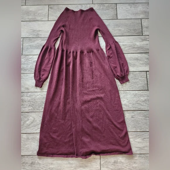 Zara Ribbed Balloon Sleeve Maroon Knit Dress Large Jumper Sweater Maxi Stretch - Picture 8 of 11